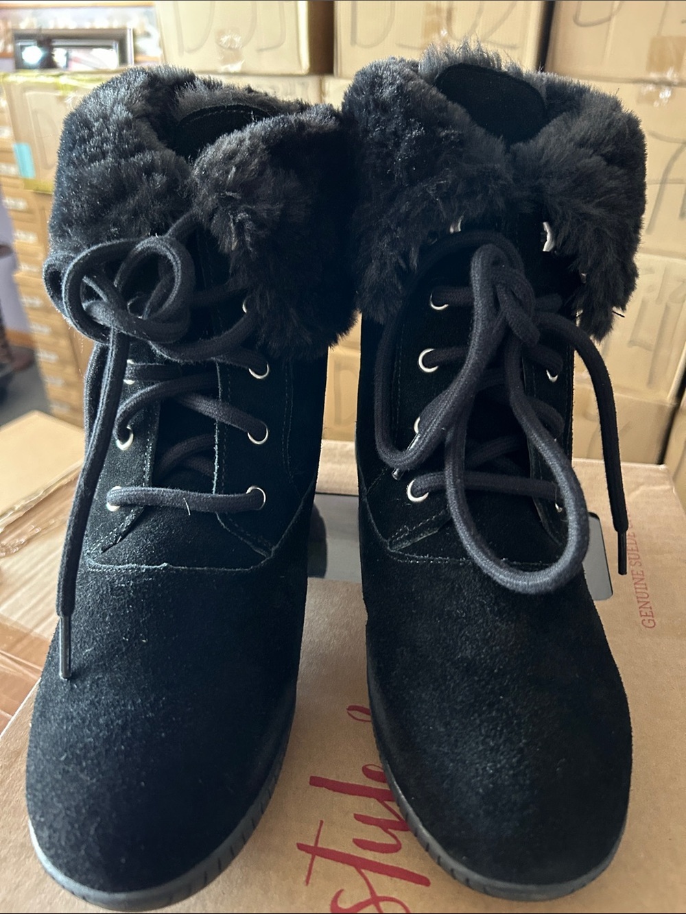 Style & Co. Black Faux Fur Lace-Up Winter Boots